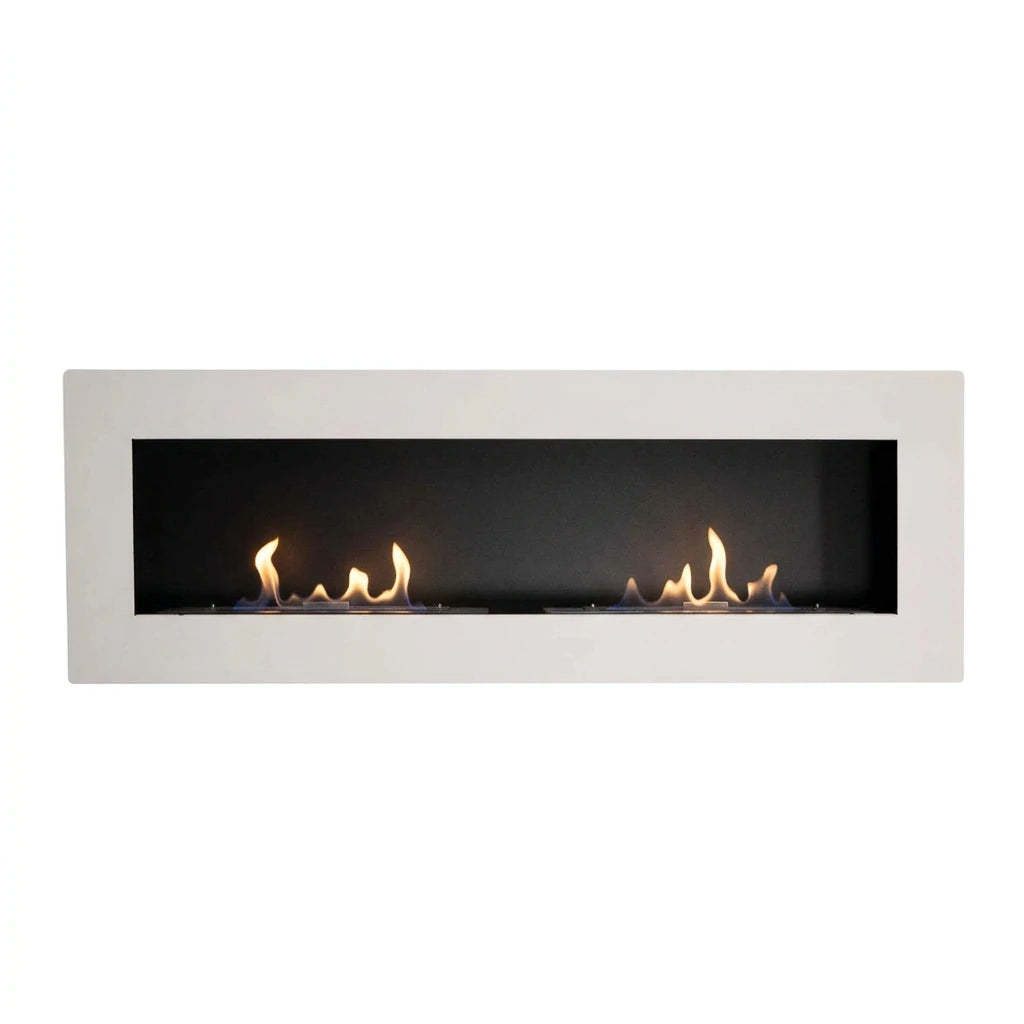 Murus 1600 matte white bio fireplace, front view on white background, lit with a realistic flame