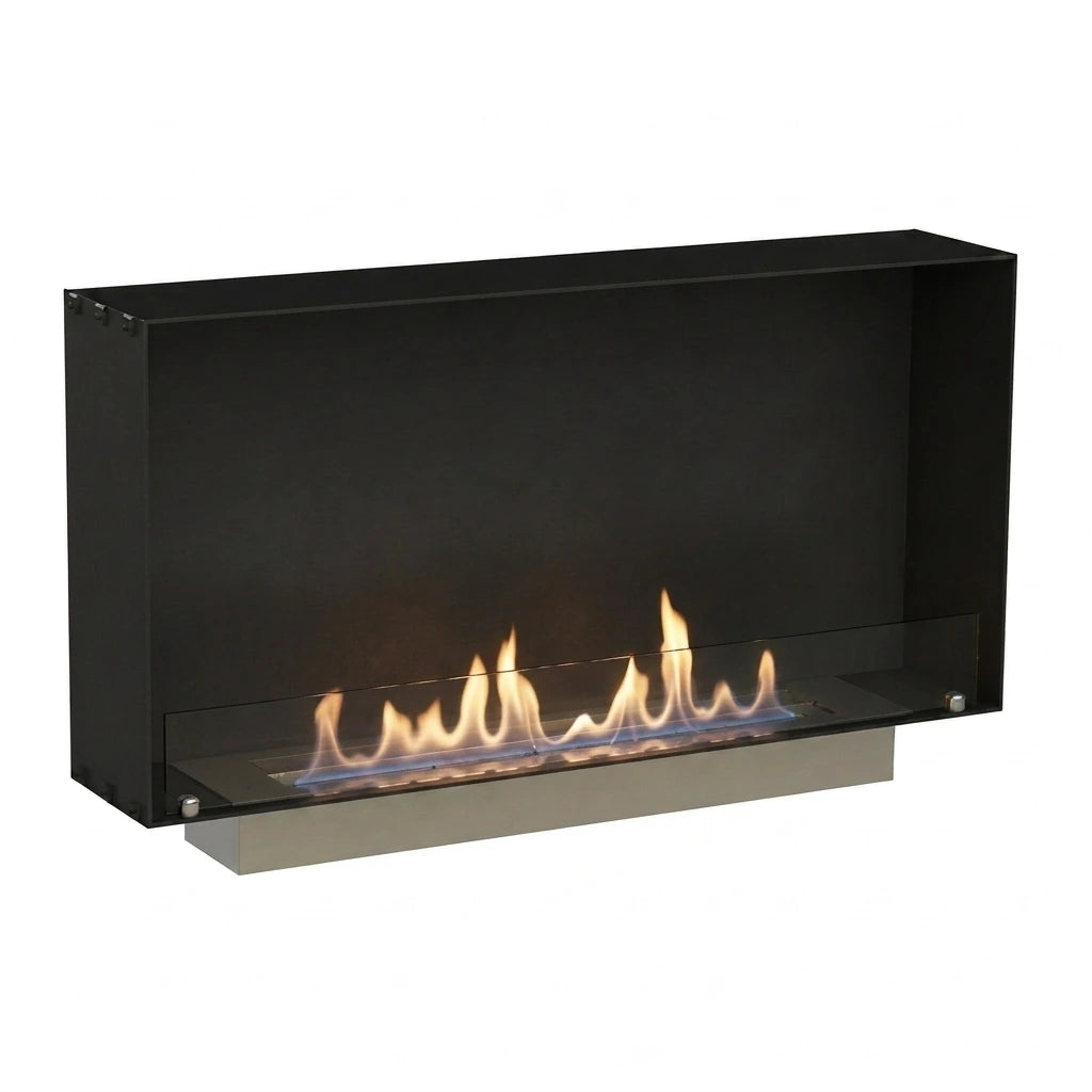 Foco One 1000 Slim built-in bioethanol fireplace with lit flame, white background studio shot