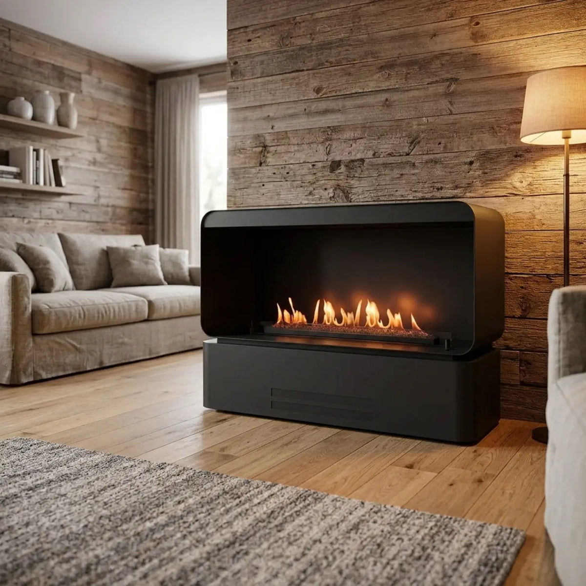 Planika Retro 1000 black freestanding bioethanol fireplace in front of a rustic wood-panelled wall in a warm living room