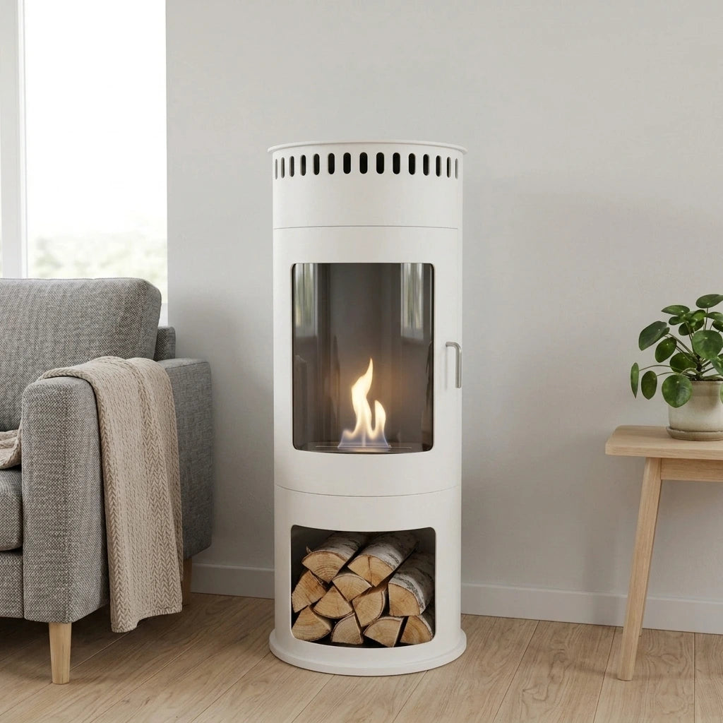Washington White freestanding bioethanol fireplace with firewood stacked in the lower niche in a bright Scandinavian living room, lit realistic flame