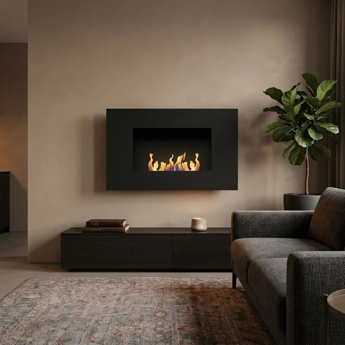 Mito Small black wall-mounted bioethanol fireplace on a warm taupe wall in a modern living room with a console and patterned rug
