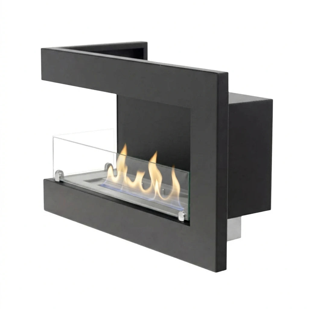 Left-facing corner bio fireplace for installation 65 cm, front view on white background with a realistic lit flame