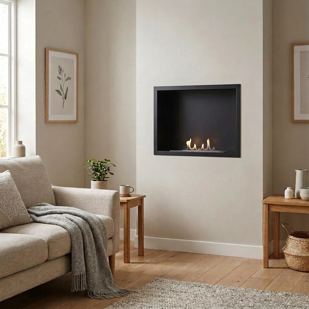 Black built-in bioethanol fireplace insert set flush into a light wall above a sofa in a Scandinavian living room, lit flame