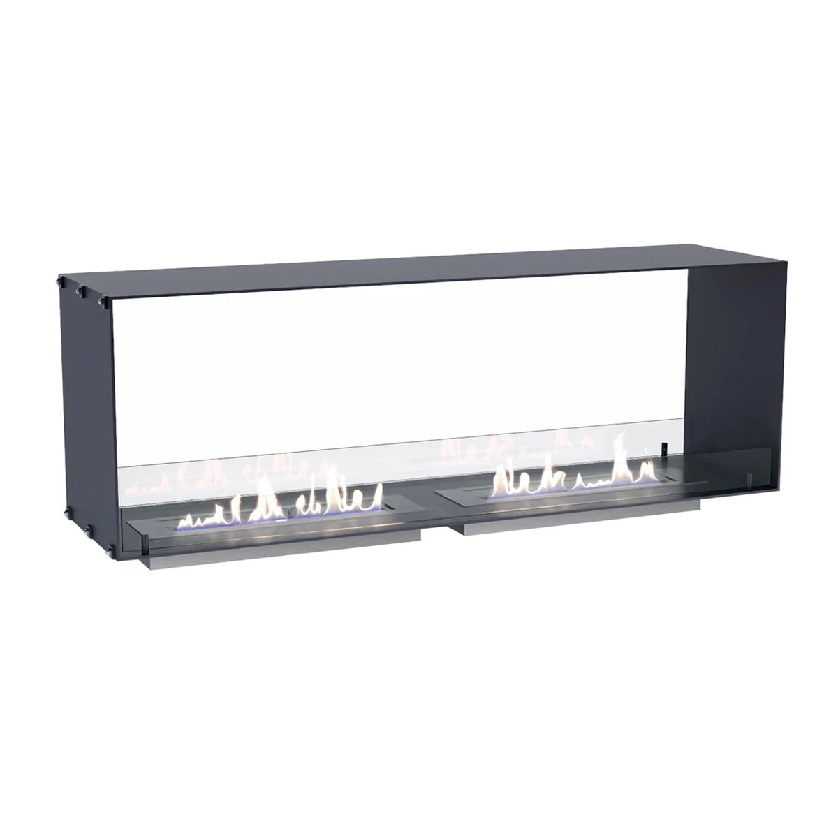 Foco Two 1500 double-sided bioethanol fireplace with a realistic lit flame, white background studio shot
