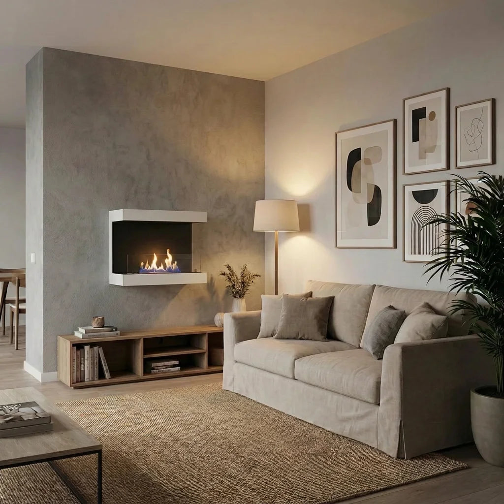 Dakota white 3-sided 80 cm wall-mounted bio fireplace in a living room