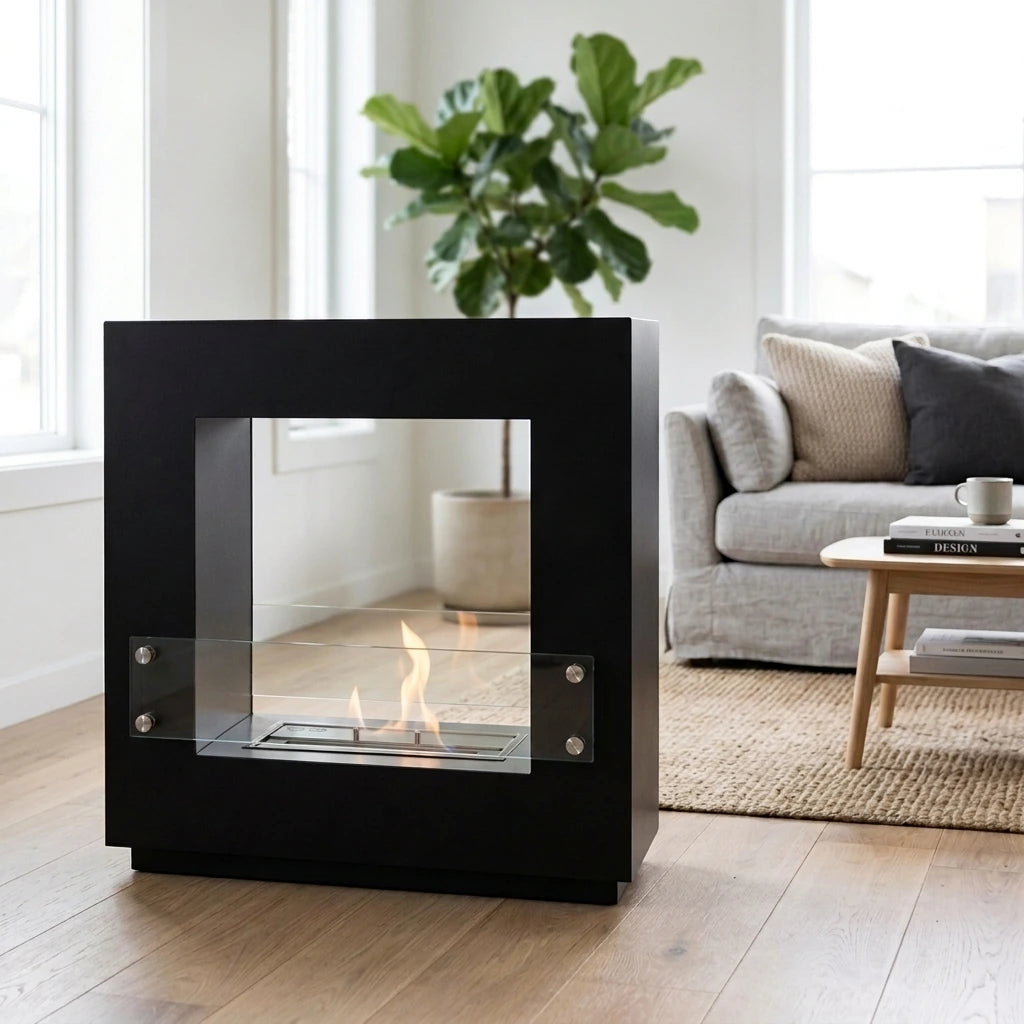 Hollywood black two-sided free-standing bioethanol fireplace in a bright Scandinavian living room, lit flame