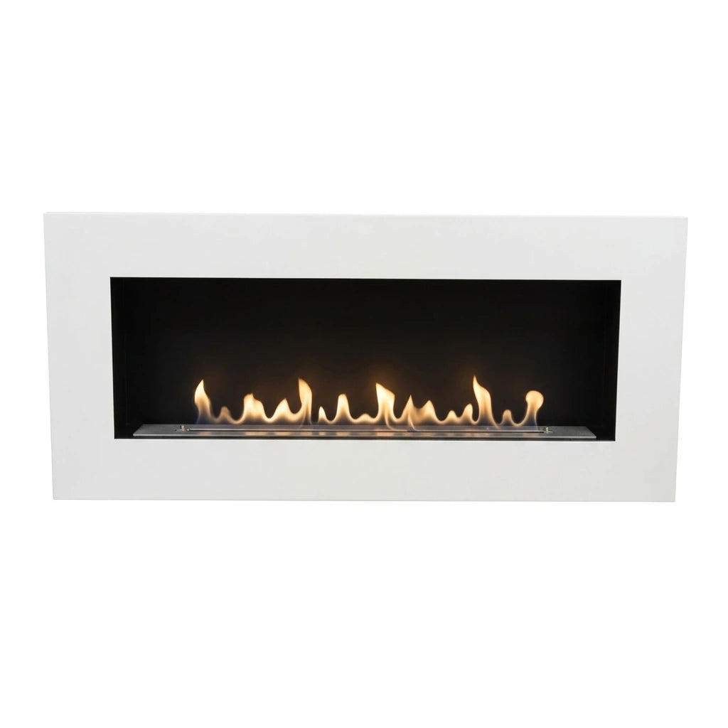 Murus 1200 matte white bio fireplace, front view on white background, lit with a realistic flame