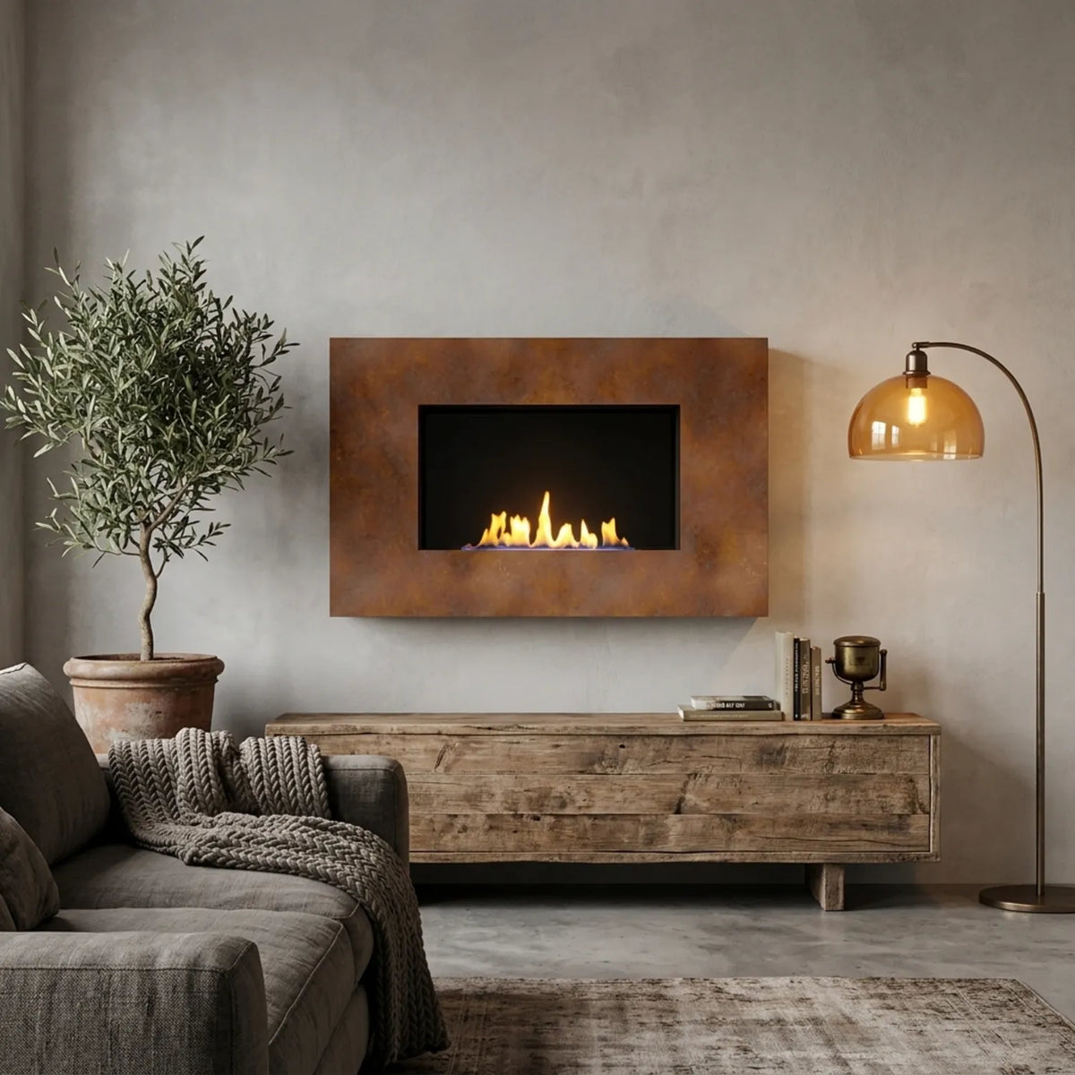 Mito Small Corten steel wall-mounted bioethanol fireplace on a plaster wall in a rustic living room with an olive tree and amber lamp