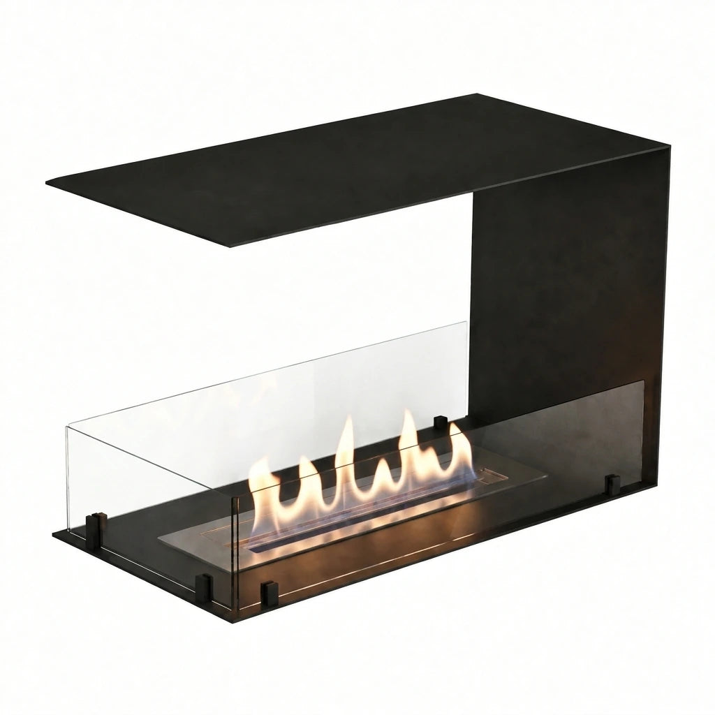 Foco Room Divider 800 - lit ethanol flame, isometric studio view