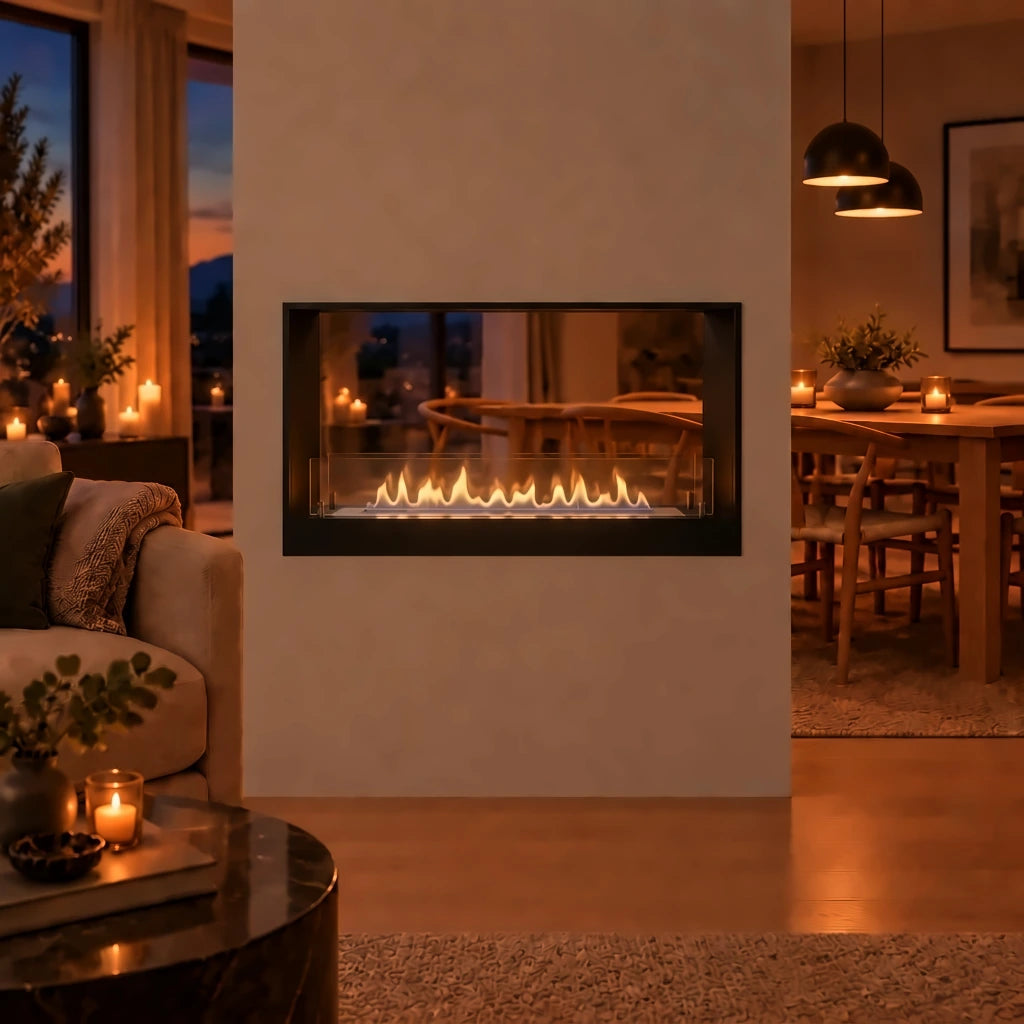 Double-sided built-in bioethanol fireplace installed as a room divider between a living room and dining area, shown in a straight-on front-facing view with organic, realistic low ethanol flame