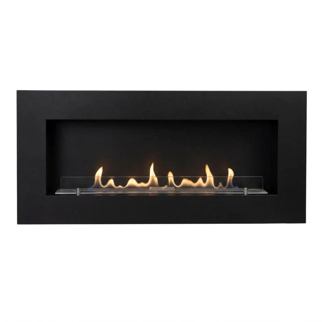 Murus 1200 black bio fireplace, front view on white background, lit with a realistic flame