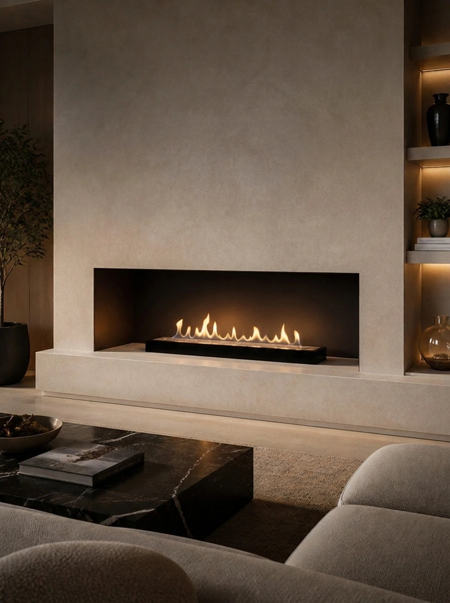 Bioethanol burner insert installed inside a modern plastered fireplace with built-in shelving, lit with a realistic flame