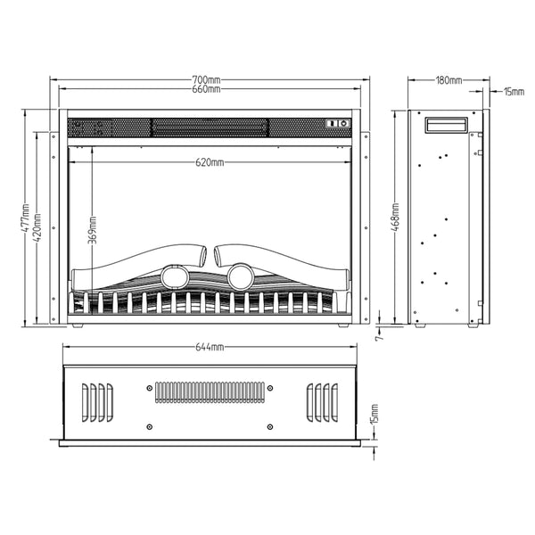 Șemineu electric clasic cu LED, încastrat – 67 cm