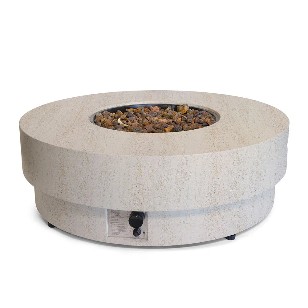 Estate Round 105 travertine composite round gas firepit table