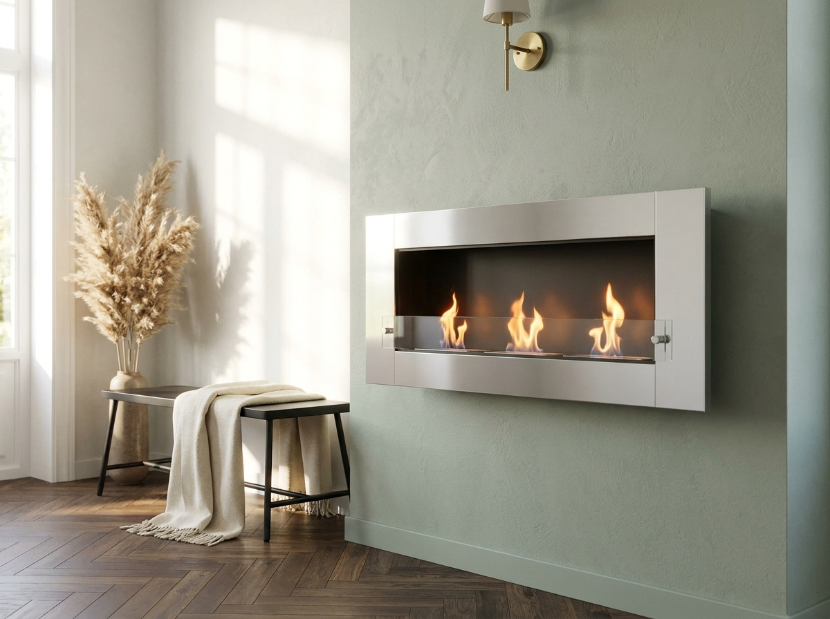 XL stainless steel wall-mounted bioethanol fireplace with lit flames, styled in a bright sage-green entranceway with herringbone floor