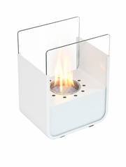 ScandiFlames small white tabletop bioethanol fireplace with round burner, lit with a realistic flame, white studio shot