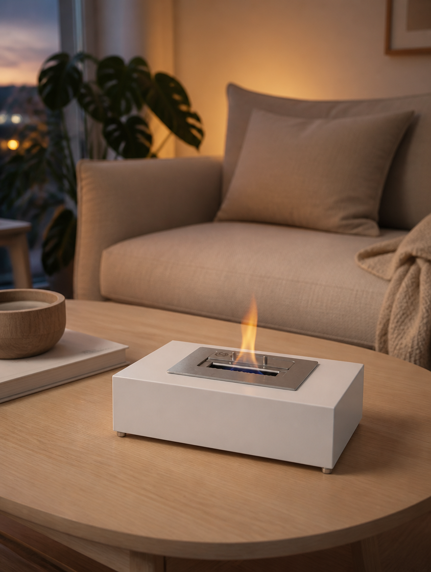 London tabletop bioethanol fireplace in white, lit, on a coffee table in a cozy living room at dusk