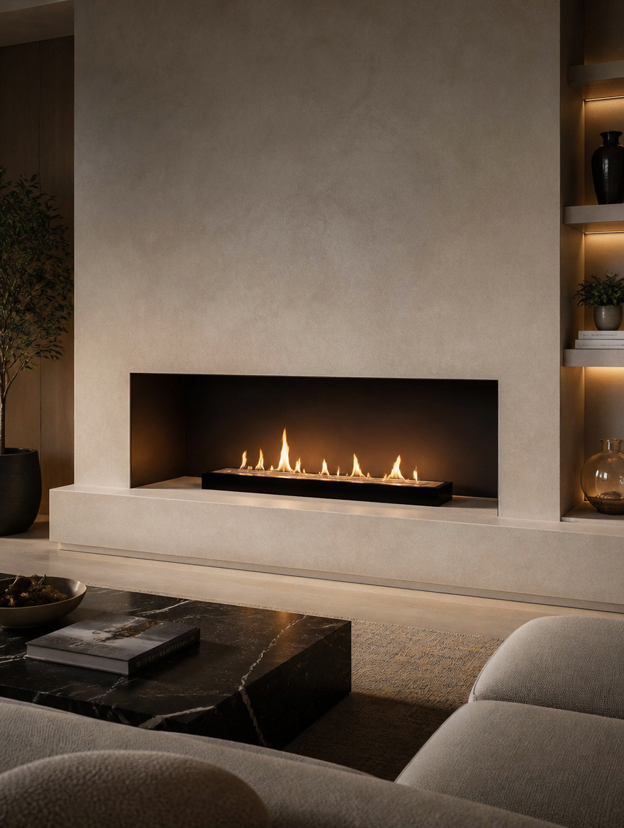 Bioethanol burner insert installed inside a modern plastered fireplace with built-in shelving, lit with a realistic flame