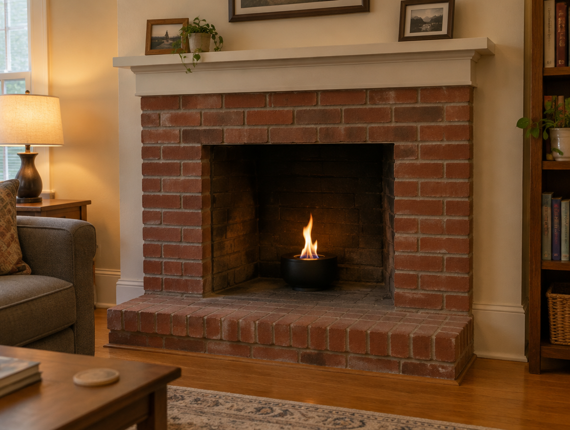 Round Bioethanol Burner Insert 26 cm installed in a classic brick fireplace with lit flame