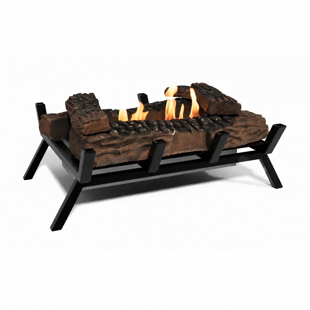 ScandiFlames Grate M 40 cm bioethanol fire grate with lit warm amber flame and ceramic decorative logs, angled view
