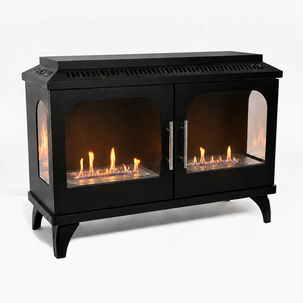 ScandiFlames Atlanta Double bioethanol stove studio shot with realistic lit flames in both burner trays