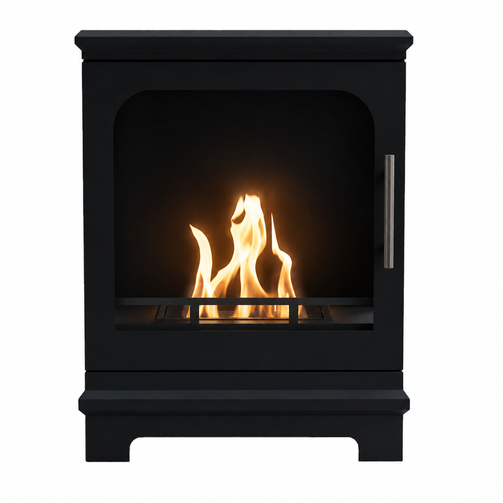 ScandiFlames Honolulu black bioethanol stove with lit flame, front studio view