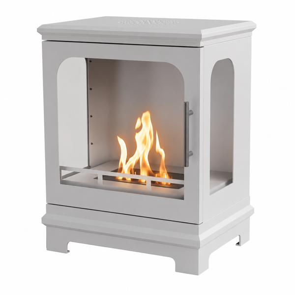 ScandiFlames Honolulu white bioethanol stove with lit flame, angled studio view