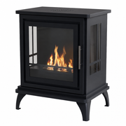 ScandiFlames Nashville black freestanding bioethanol stove with a lit flame, angled studio view