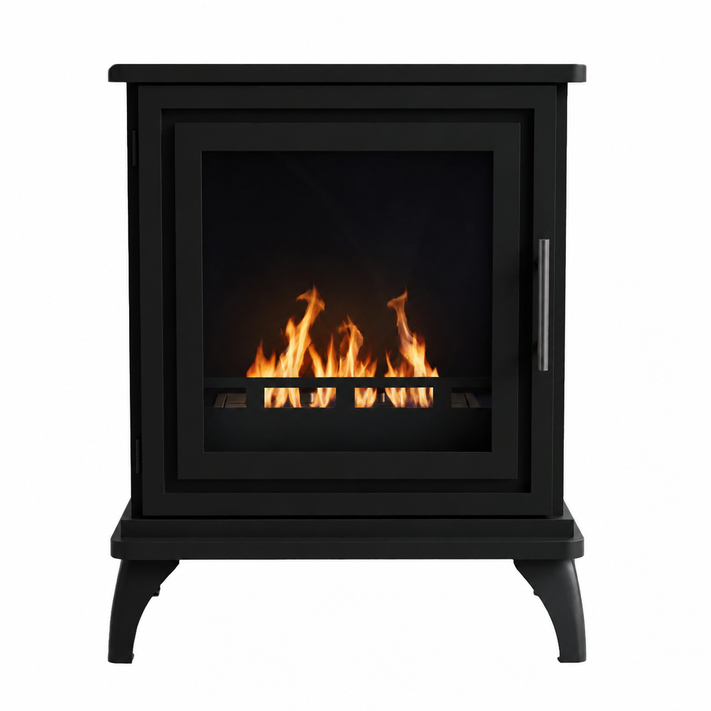 ScandiFlames Nashville black freestanding bioethanol stove with a lit flame, front studio view