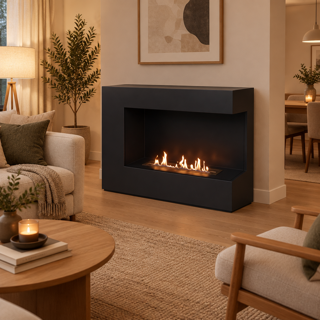 ScandiFlames Seattle black freestanding bioethanol fireplace standing against a wall as a room divider between a living room and dining area