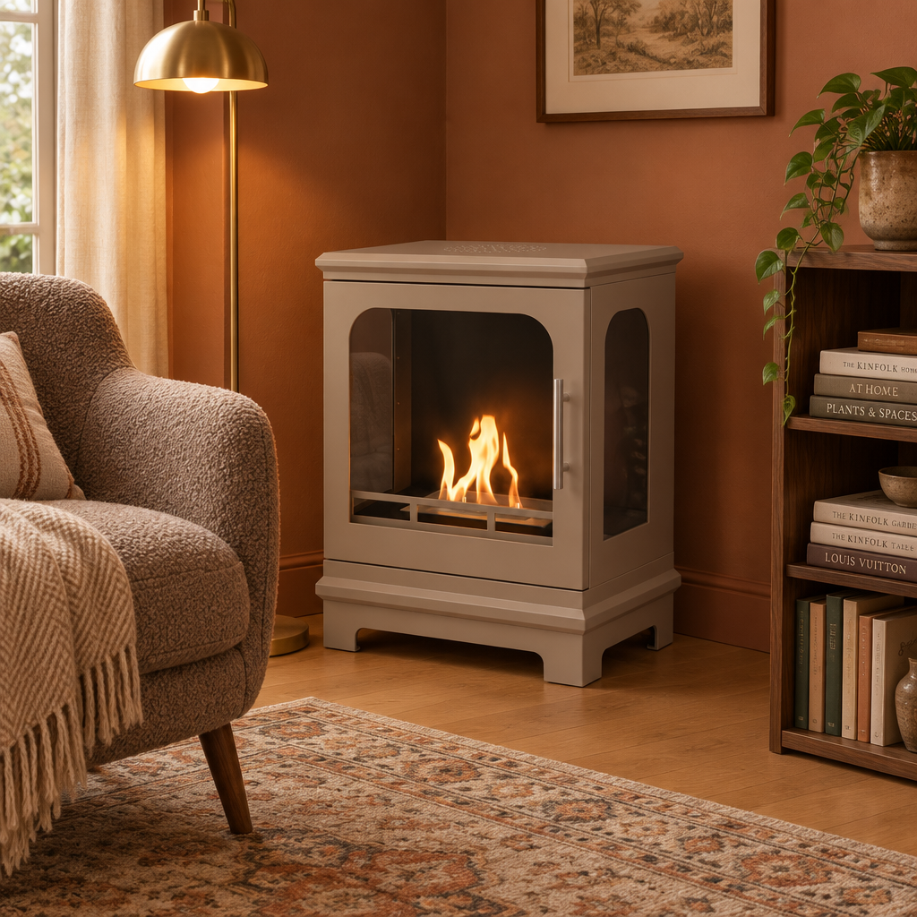ScandiFlames Honolulu grey beige bioethanol stove in a cozy terracotta-toned reading nook