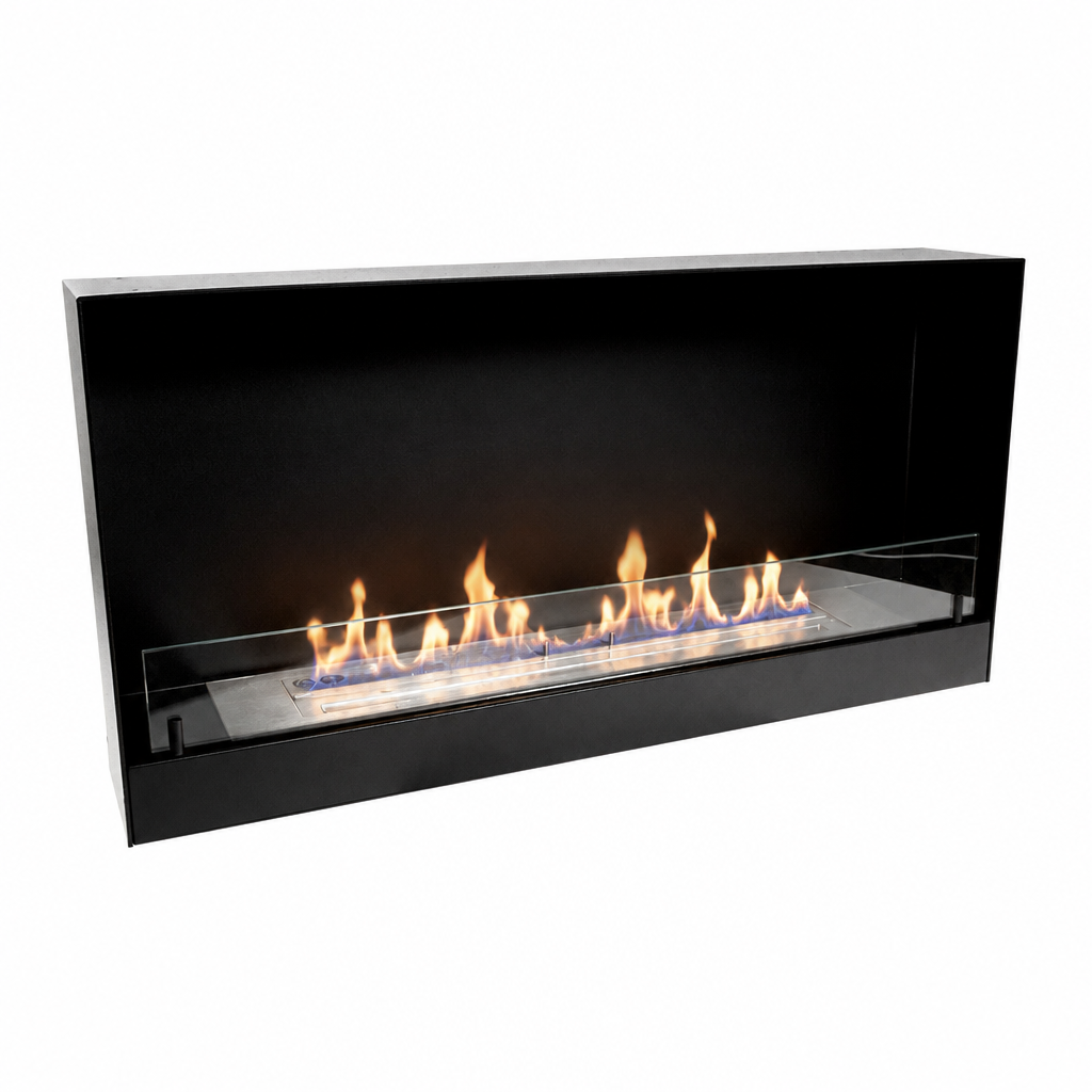 Built-in bioethanol fireplace in black, 100cm, front view with lit flame