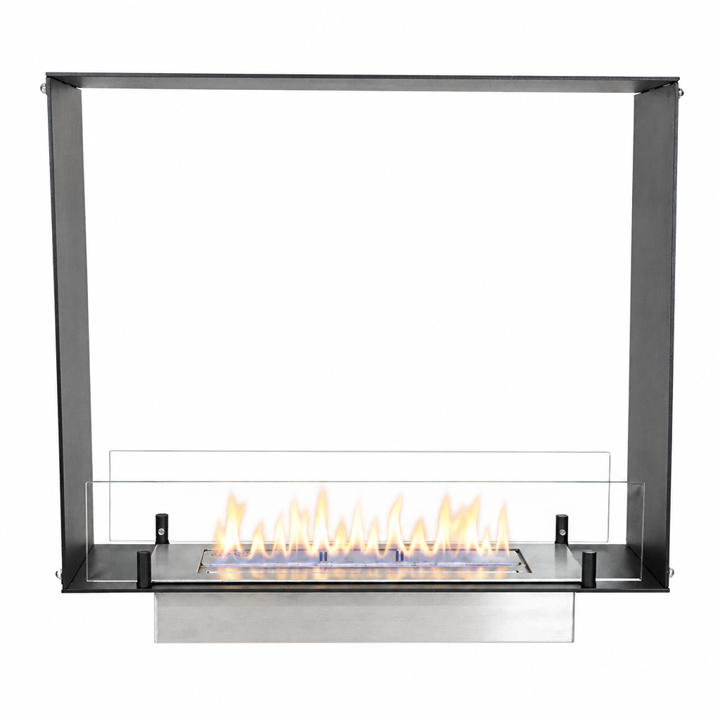 Foco Two 600 Slim see-through bioethanol fireplace, studio shot with lit flame
