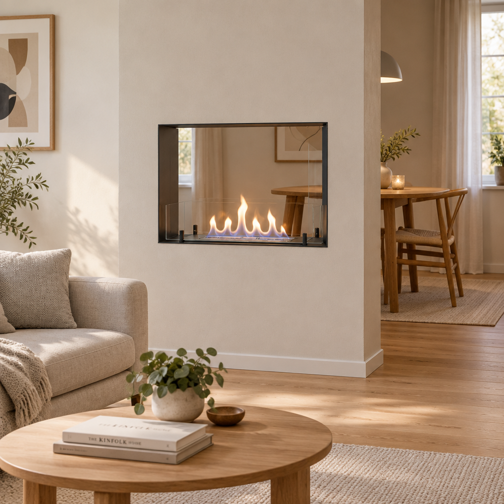 Foco Two 600 Slim built into a partition wall between a living room and dining nook, lit flame visible from both sides