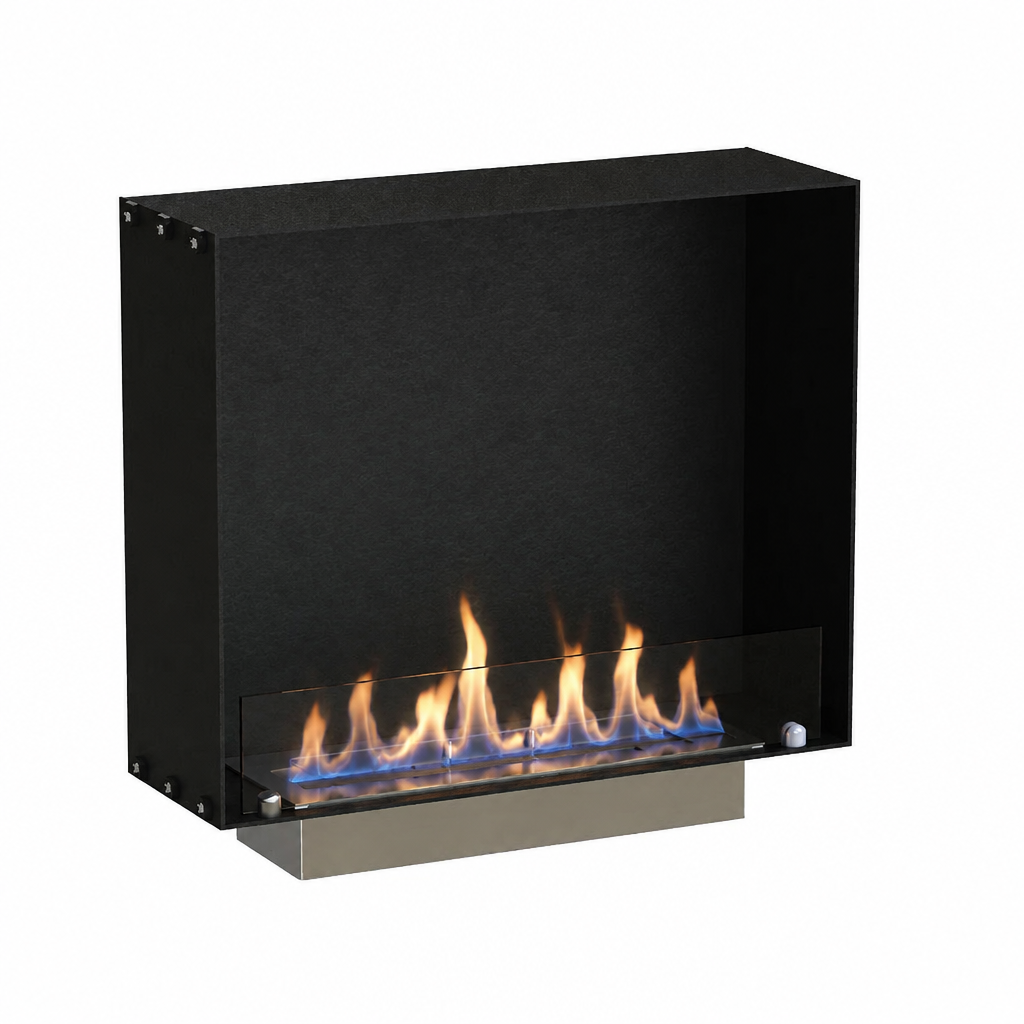 Foco One 600 Slim built-in bioethanol fireplace with lit flame, white background studio shot