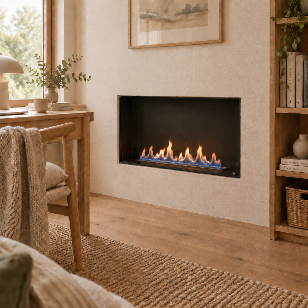 Foco One 1000 Slim built-in bioethanol fireplace installed in a home office reading nook
