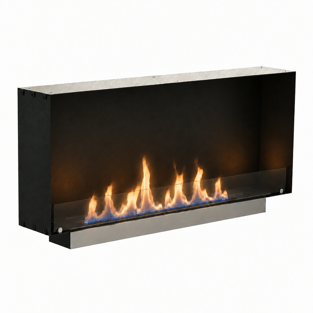 Foco One 1200 Slim - lit ethanol flame, angled studio view