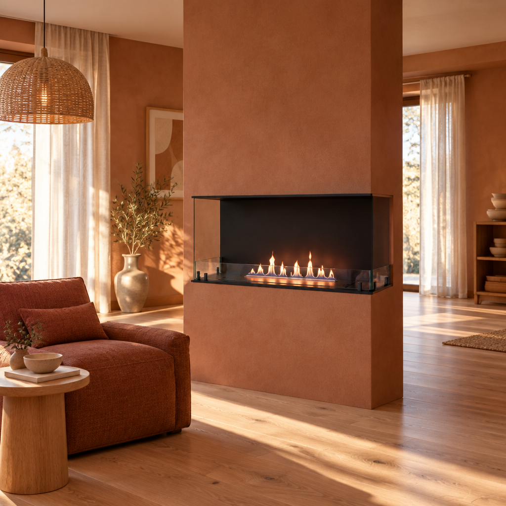 Foco Three 1000 built into a narrow protruding wall pillar, open on the front and both sides, with a realistic lit ethanol flame, in a warm sunlit terracotta living room.