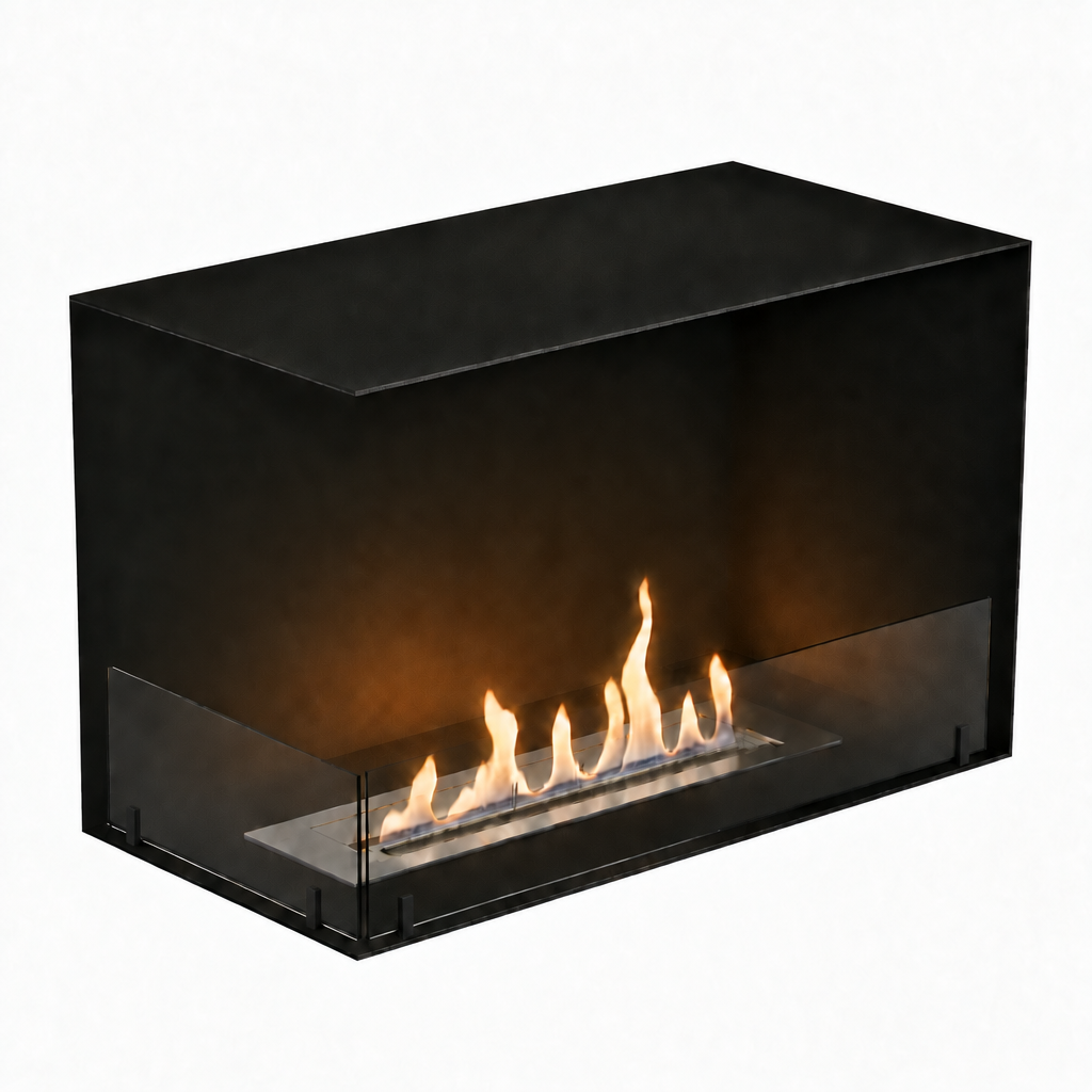 Foco Corner Left 800 - lit ethanol flame with slim black glass pins, white-background studio shot