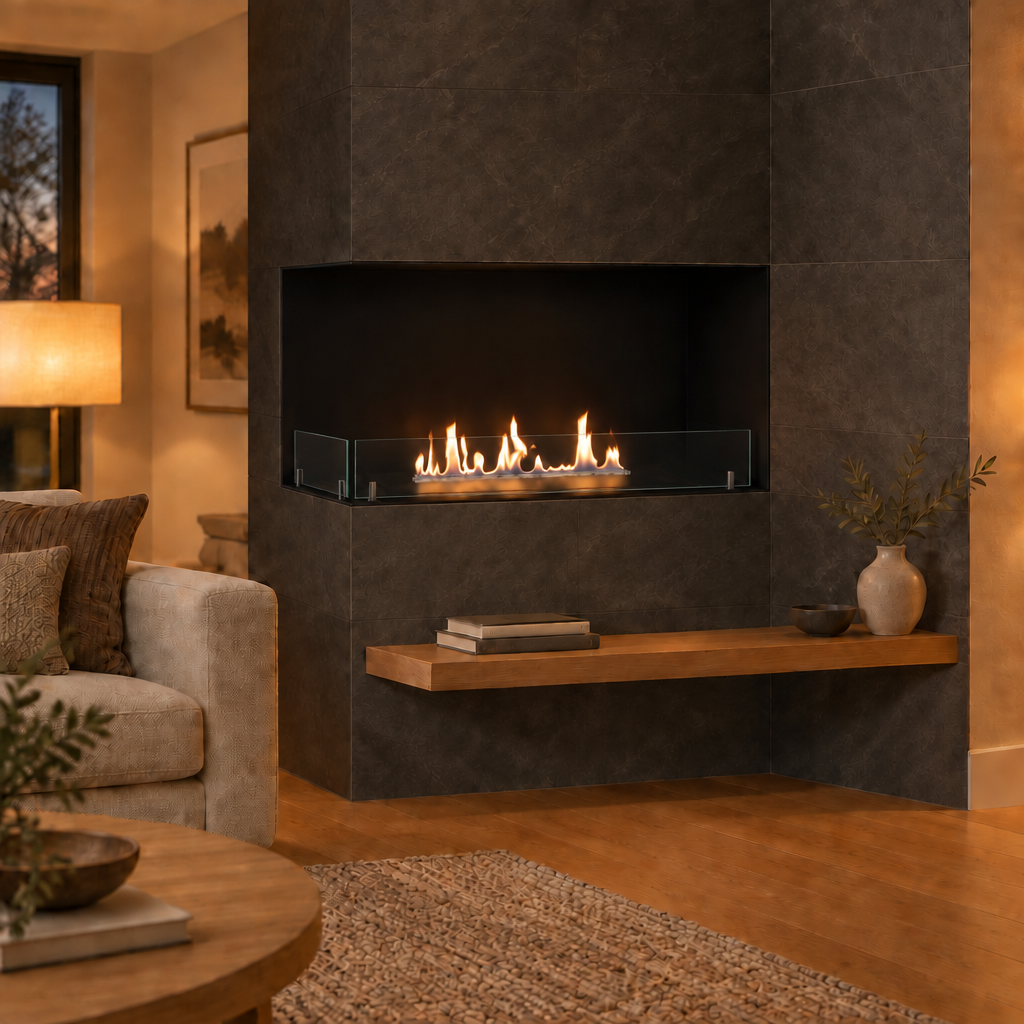 Foco Corner Left 1000 built into a dark slate-tiled corner niche living room, flame lit